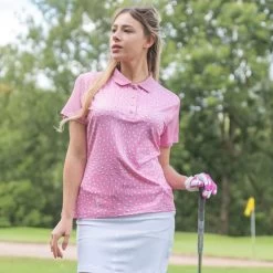 LADIES ALL OVER PRINT POLO PINK/WHITE -golf island green ladies all over print polo pink white p14071 32505 image